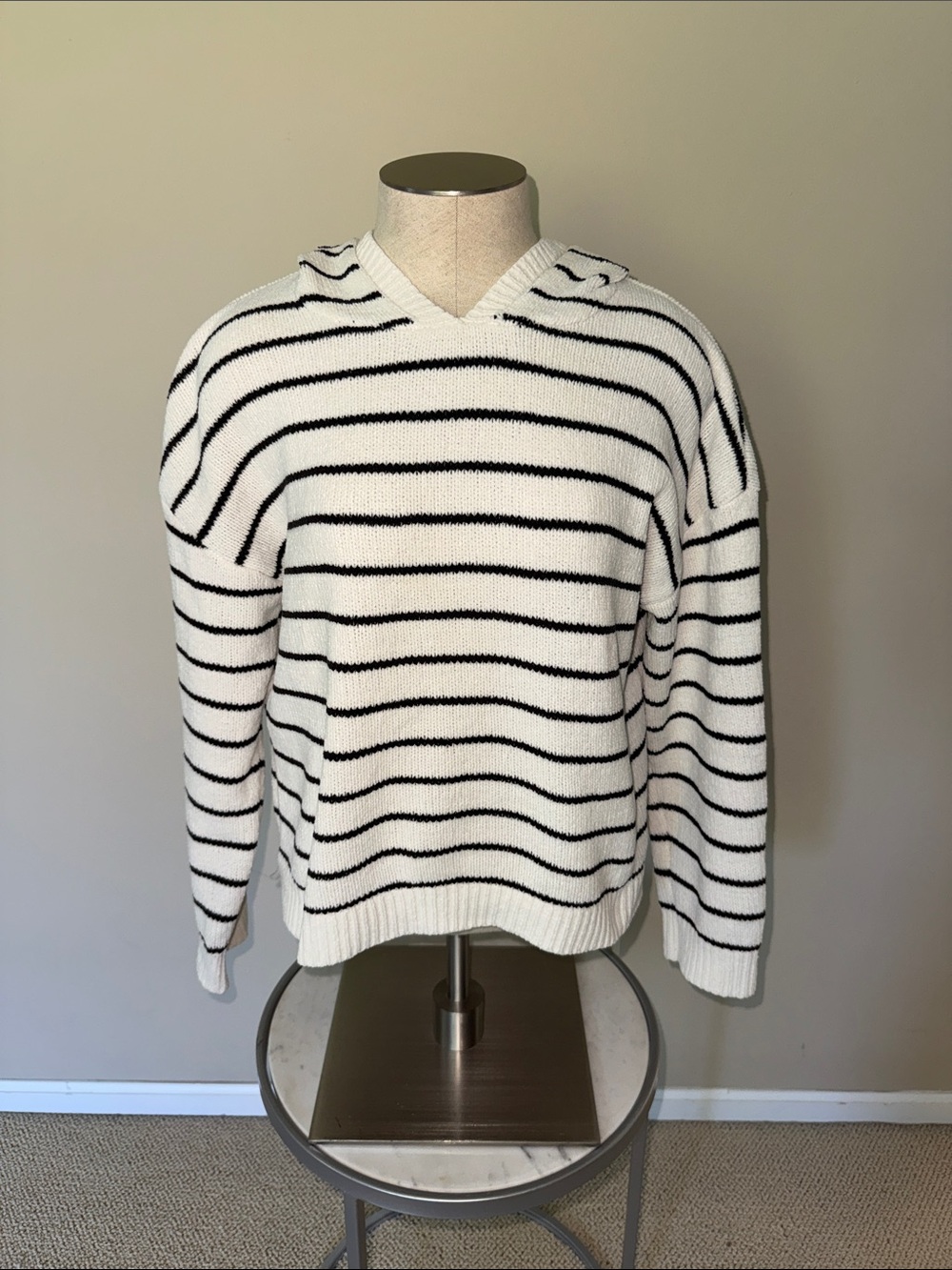 DKNY Girls Cream and Black Striped Hooded Sweater